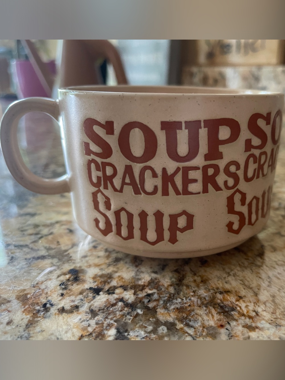 Vintage 1970s Japan Stoneware Ceramic Soup Mug  Red Lettering - Rustic Bakeware